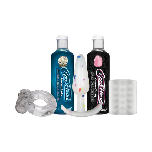 Goodhead Party Pack with two flavored gels, vibrating ring, silicone confetti anal plug, and ULTRASKYN stroker.
