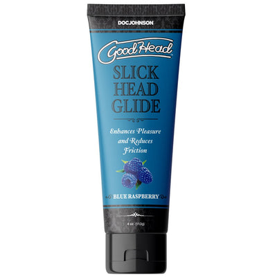 Tube of Goodhead Slick Head Glide lubricant in blue raspberry flavor with blue and black packaging and fruit illustration.