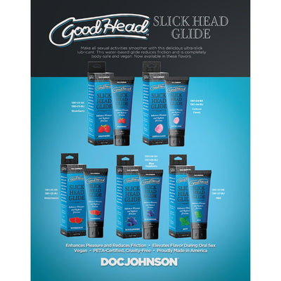 Goodhead Slick Head Glide lubricant tubes and boxes in strawberry, cotton candy, watermelon, blue raspberry, and mint flavors on blue background.