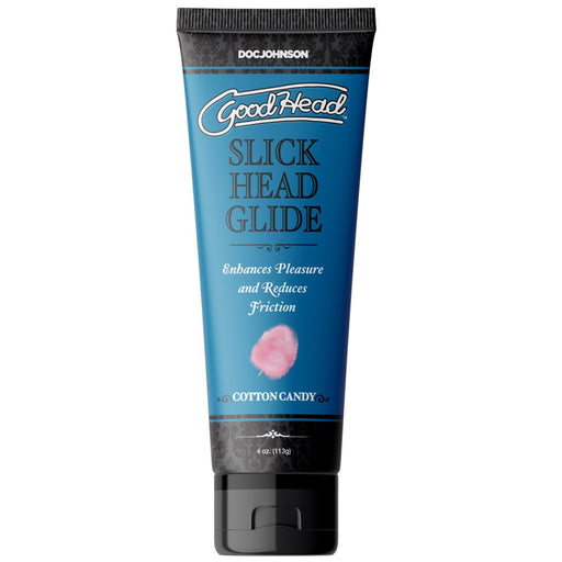 Tube of Goodhead Slick Head Glide cotton candy flavored lubricant with blue and black packaging and pink cotton candy image.