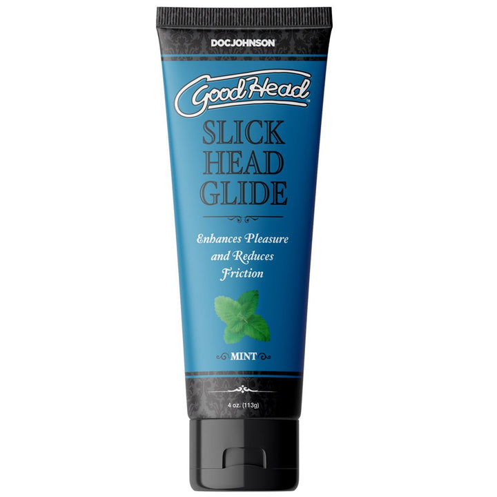 Tube of Goodhead Slick Head Glide mint-flavored lubricant with blue and black packaging and a mint leaf graphic.