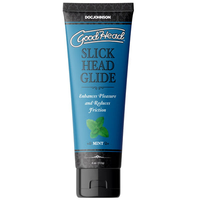 Tube of Goodhead Slick Head Glide mint-flavored lubricant with blue and black packaging and a mint leaf graphic.