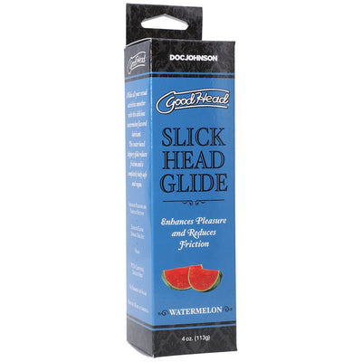 Goodhead Slick Head Glide watermelon-flavored water-based lubricant in 4 oz blue and black box packaging.