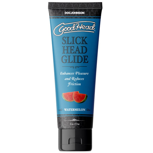 Goodhead Slick Head Glide watermelon-flavored water-based lubricant in a 4 oz blue squeeze tube with black cap.