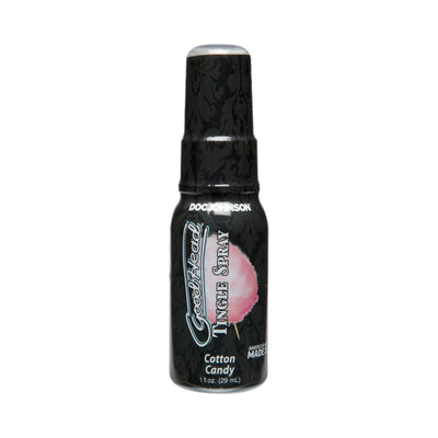 Goodhead Tingle Spray 1 fl oz bottle in cotton candy flavor with black decorative label and clear cap