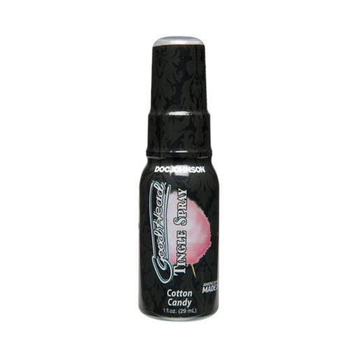 Goodhead Tingle Spray 1 fl oz bottle in cotton candy flavor with black decorative label and clear cap