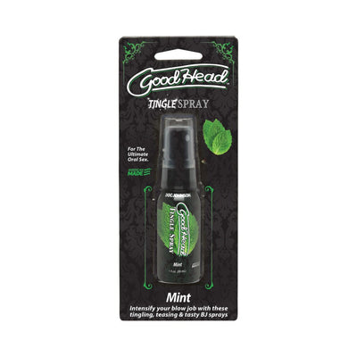 GoodHead Mint Tingle Spray in black packaging with mint leaves, designed to enhance oral intimacy.