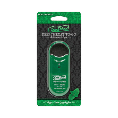 GoodHead Deep Throat To-Go oral anesthetic spray in Mystical Mint flavor with green packaging and mint leaves design.