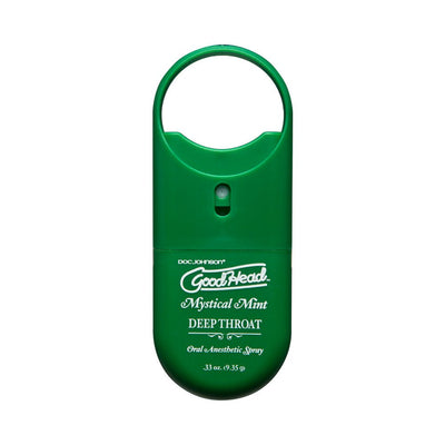 Green GoodHead Mystical Mint Deep Throat oral anesthetic spray bottle with a compact, portable design.