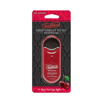 GoodHead Deep Throat To-Go oral anesthetic spray in wild cherry flavor with compact red spray bottle packaging.