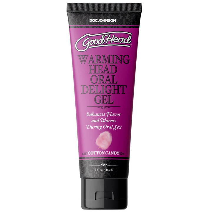 Tube of Goodhead Warming Head Oral Delight Gel in cotton candy flavor with purple and black packaging.