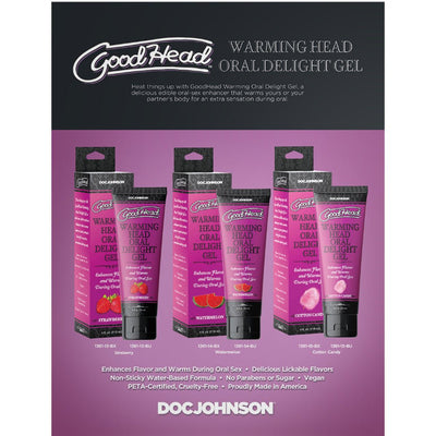 GoodHead Warming Head Oral Delight Gel tubes and boxes in strawberry, watermelon, and cotton candy flavors on a purple background.