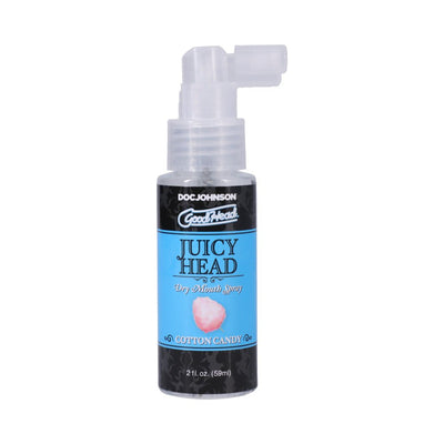 GoodHead Juicy Head Cotton Candy flavored dry mouth spray in a 2 fl. oz. clear bottle with blue and black label.