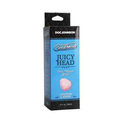 GoodHead Juicy Head Cotton Candy flavored dry mouth spray in blue and black packaging, 2 fl. oz. bottle.