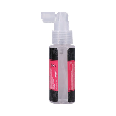 Goodhead Wet Head Dry Mouth Spray in clear 2 oz bottle with pink and black label and clear spray nozzle.