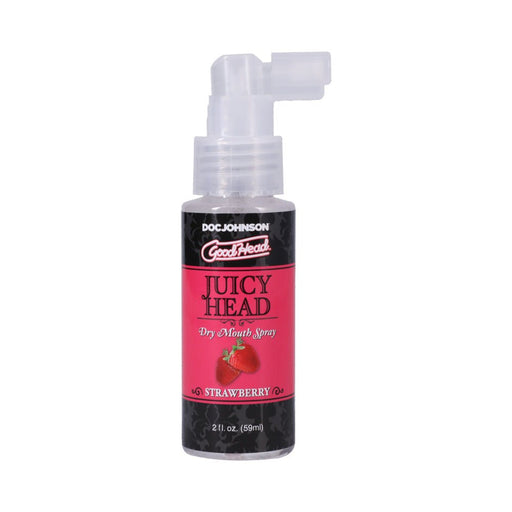 GoodHead Juicy Head strawberry flavored dry mouth spray in a 2 fl oz clear bottle with a white spray nozzle.
