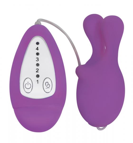 Purple silicone vibrating egg with bunny ears and wired remote control featuring four speed settings and power buttons.
