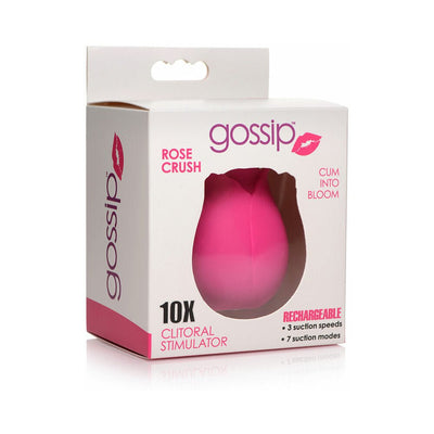 Gossip Rose Crush clitoral stimulator in pink silicone displayed in white retail packaging with product details.