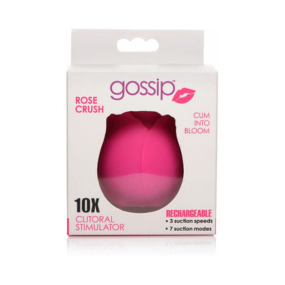 Gossip Rose Crush clitoral stimulator in pink rose shape displayed in white retail packaging with product features.