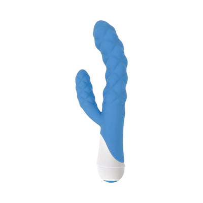 Blue silicone rabbit vibrator with textured shaft and stimulator, white base with control dial.