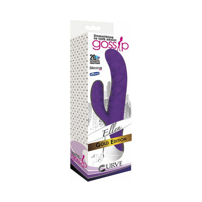 Purple silicone rabbit vibrator with dual motors shown in white and purple packaging labeled Gossip Ellen Gold Edition.