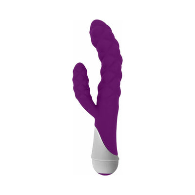 Purple silicone rabbit vibrator with textured shaft and stimulator, featuring a white ergonomic handle.