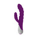 Purple silicone rabbit vibrator with textured shaft and stimulator, featuring a white ergonomic handle.