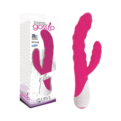 Pink silicone rabbit vibrator with textured shaft and dual motors, shown with its packaging box.