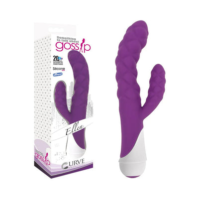 Purple silicone rabbit vibrator with textured shaft and dual motors, shown with its white and purple packaging box.