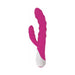 Pink silicone rabbit vibrator with textured shaft and dual motors, featuring a white ergonomic handle.