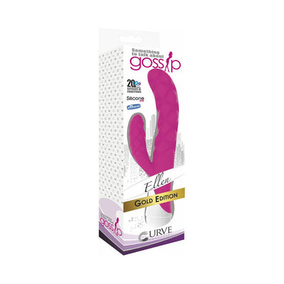 Packaging of the Gossip Ellen Silicone Rabbit Vibrator in pink with textured design and dual motors, Gold Edition label visible.
