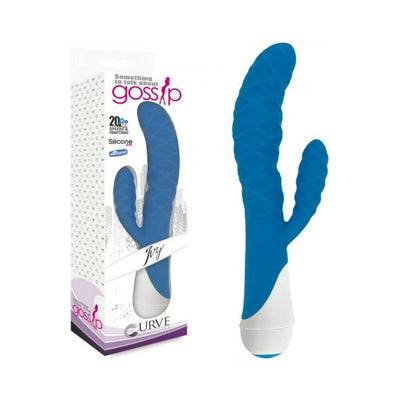 Blue wavy textured rabbit vibrator with dual motors and white base, shown with packaging box.