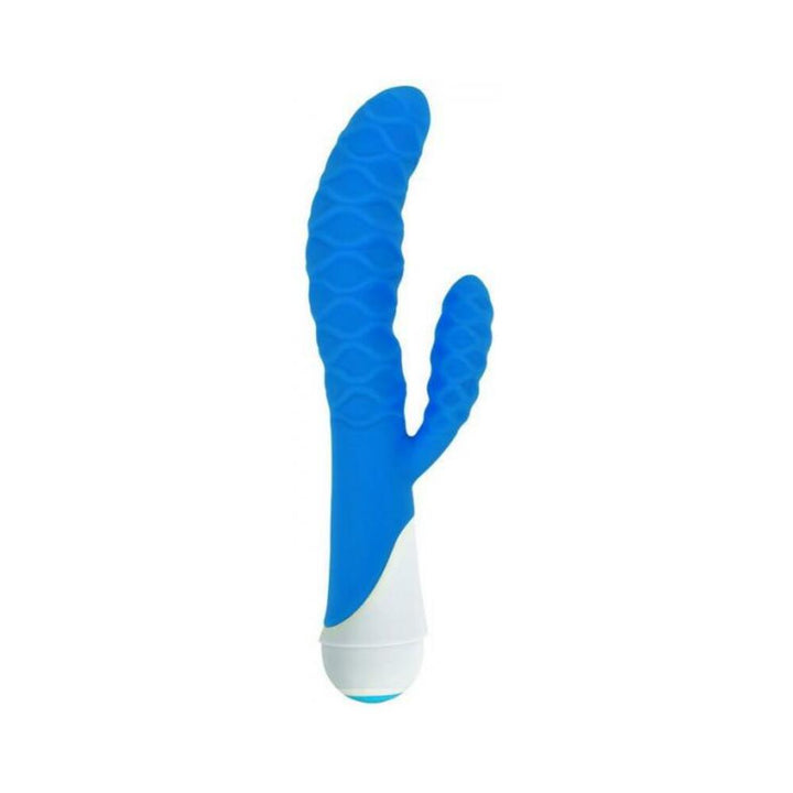 Blue wavy textured dual-motor rabbit vibrator with white base and ergonomic design.