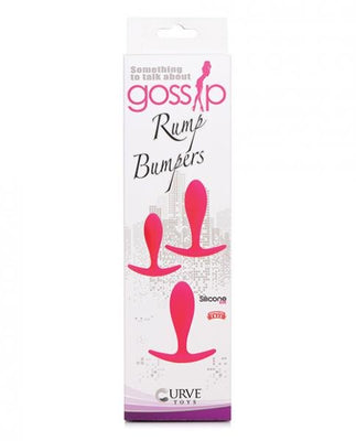 Packaging of Gossip Rump Bumpers Anal Trainer Set in magenta, showing three graduated silicone plugs with curved handles.