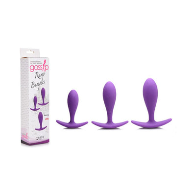 Set of three violet silicone rump bumpers in small, medium, and large sizes with packaging box on white background.