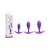 Set of three violet silicone rump bumpers in small, medium, and large sizes with packaging box on white background.