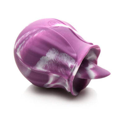 Purple and white marbled silicone tongue tickler with a pointed tip and textured surface, designed for personal pleasure.