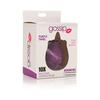 Gossip Tongue Tickler rechargeable purple silicone licking rose in retail packaging with 10 vibration functions.