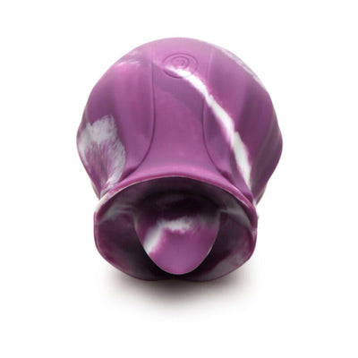 Purple and white marbled silicone licking vibrator with a tongue-shaped tip and smooth ergonomic design.