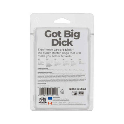 Back packaging of Got Big Dick 2-pack smoke-colored stretchy cock rings with product information and safety instructions.