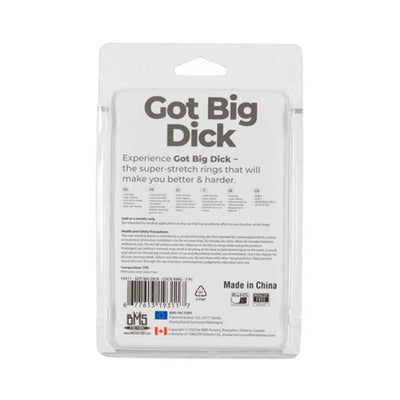 Back packaging of Got Big Dick cock ring 3-pack in smoke color with product information and safety instructions.