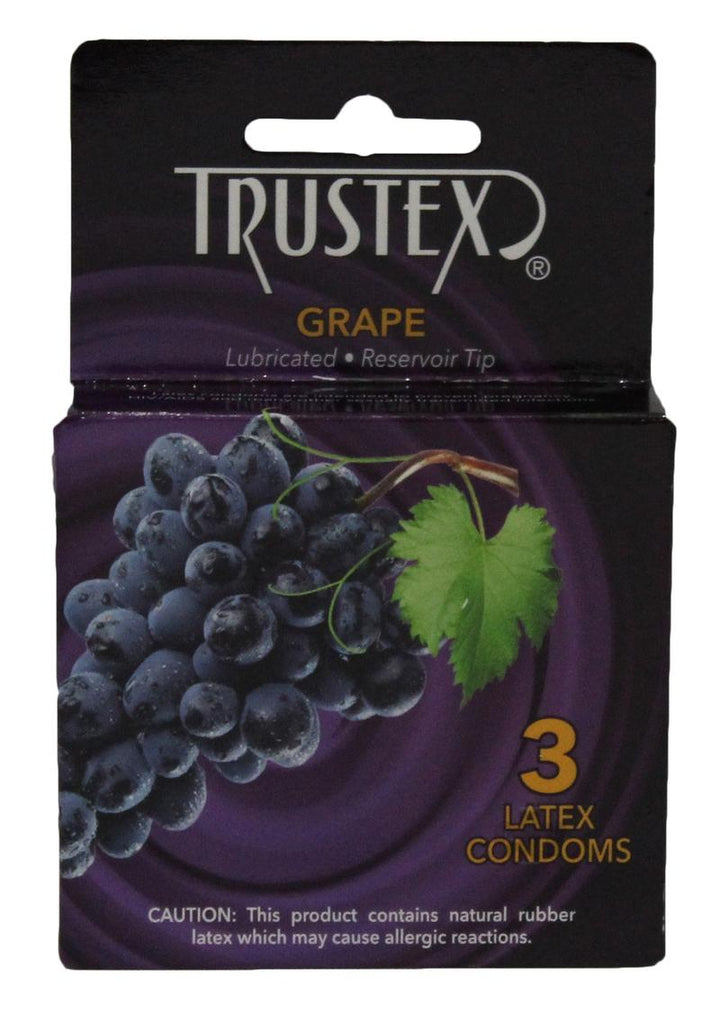 Pack of three Trustex grape flavored lubricated latex condoms with reservoir tip and natural rubber caution.