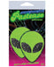 Package of green glitter alien-shaped pasties with black glitter eyes by Pastease on colorful starry background.