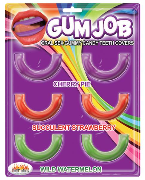 Gum Job gummy candy teeth covers in cherry pie, succulent strawberry, and wild watermelon flavors on colorful packaging.