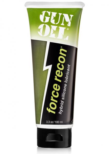 Tube of Gun Oil Force Recon hybrid silicone lubricant in green and black packaging, 3.3 oz size