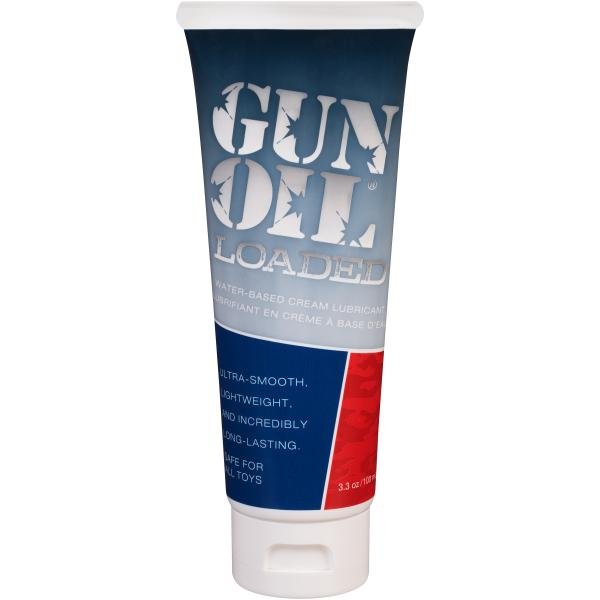 Tube of Gun Oil Loaded water-based hybrid lubricant with blue, gray, and red label, 3.3 oz size.