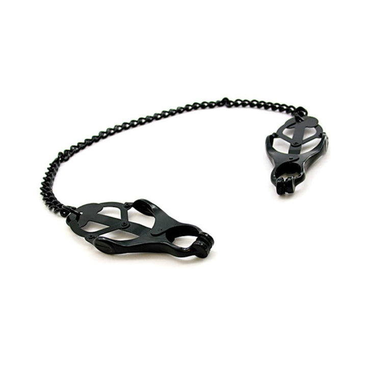 Black metal jaws-style nipple clamps connected by a linked chain on a white background.