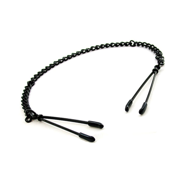 Black powder-coated steel tweezer nipple clamps connected by a matching black chain with adjustable sliding bars.