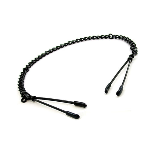 Black powder-coated steel tweezer nipple clamps connected by a matching black chain with adjustable sliding bars.