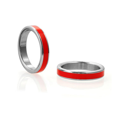 Stainless steel ring with a smooth red band inlay, shown standing and lying flat on a white background.
